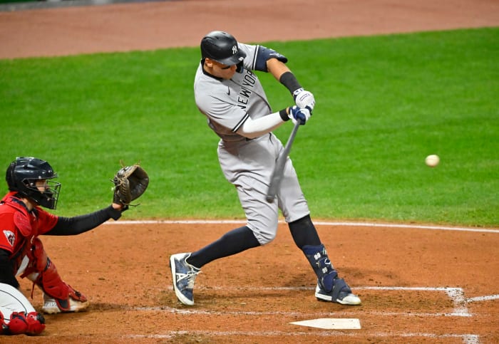 New York Yankees outfielder Aaron Judge blasts a two-run homer against the Guardians during the ALDS. (2022)